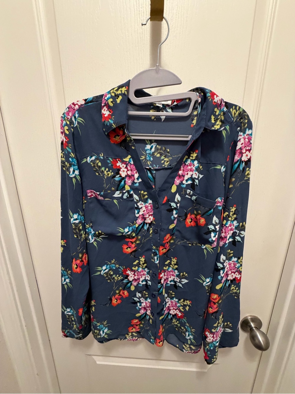 Express Navy Floral Button-Down Blouse